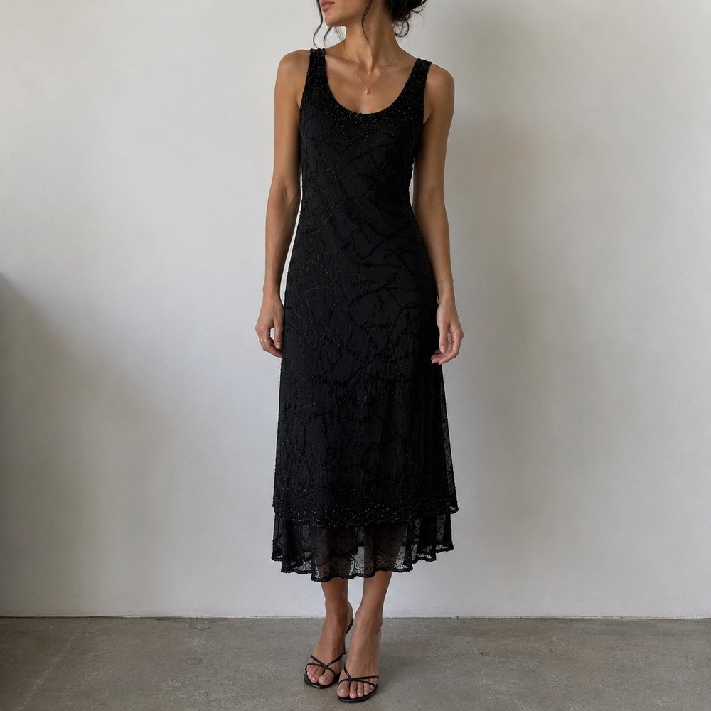 Cameron Blake Black Silk Burnout Beaded Tiered Midi Dress Whimsigoth Fairy